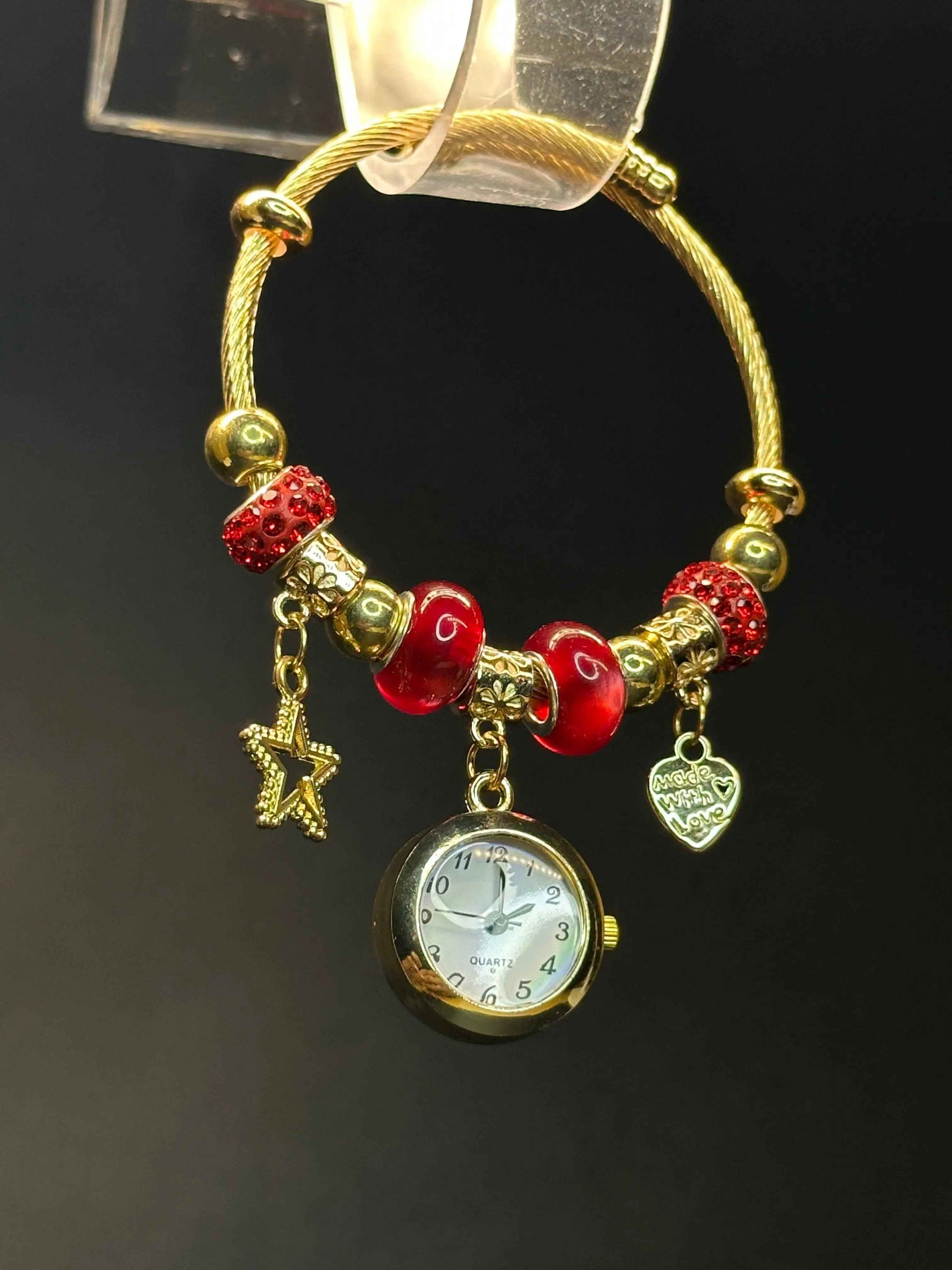 Golden Bangle Bracelet Watch with Star & Heart Charms