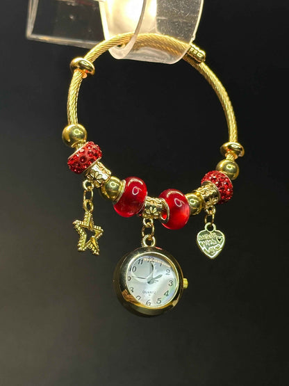 Golden Bangle Bracelet Watch with Star & Heart Charms