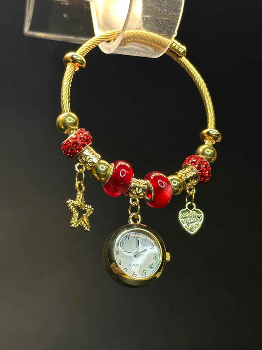 Golden Bangle Bracelet Watch with Star & Heart Charms