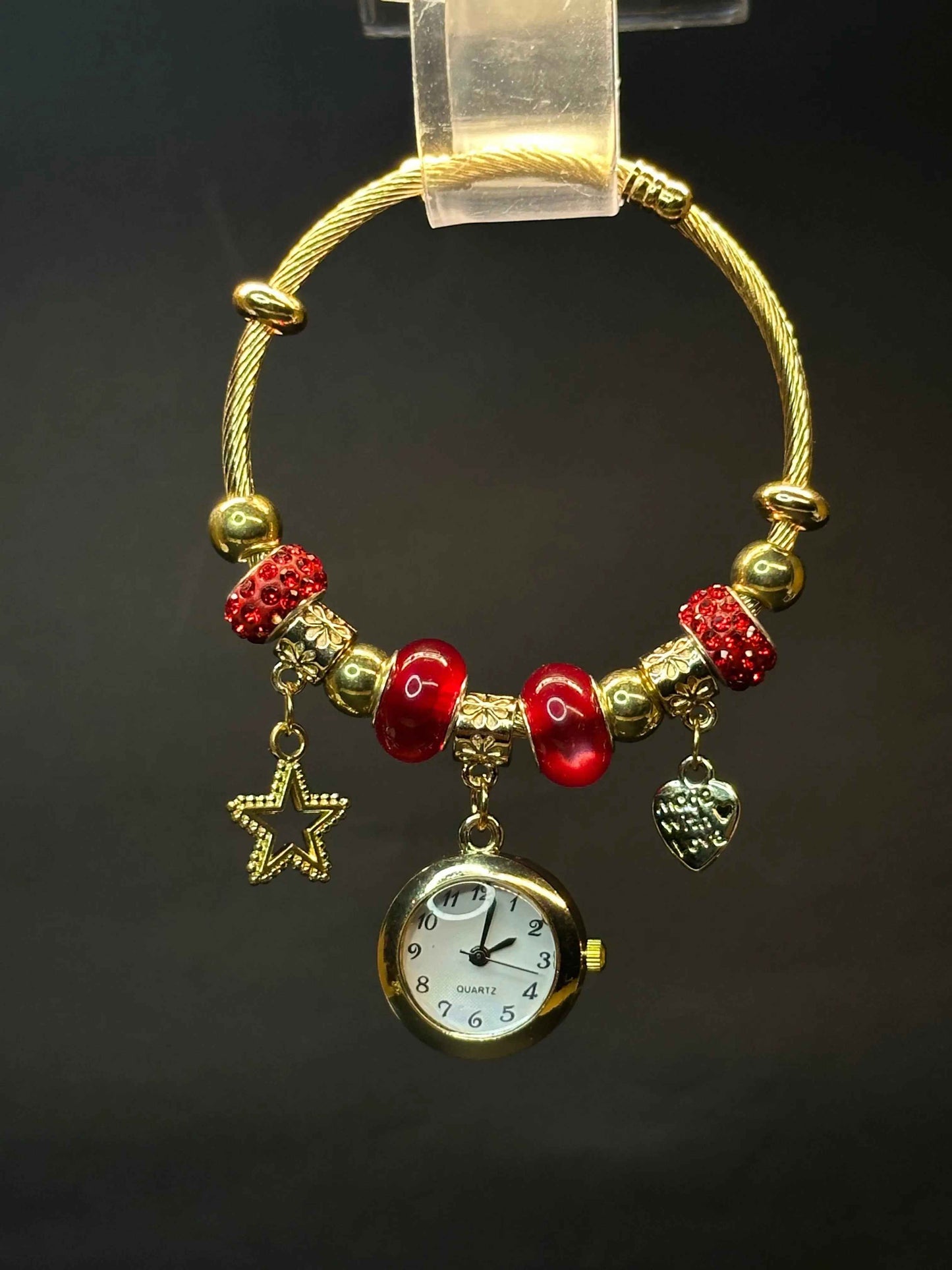 Golden Bangle Bracelet Watch with Star & Heart Charms