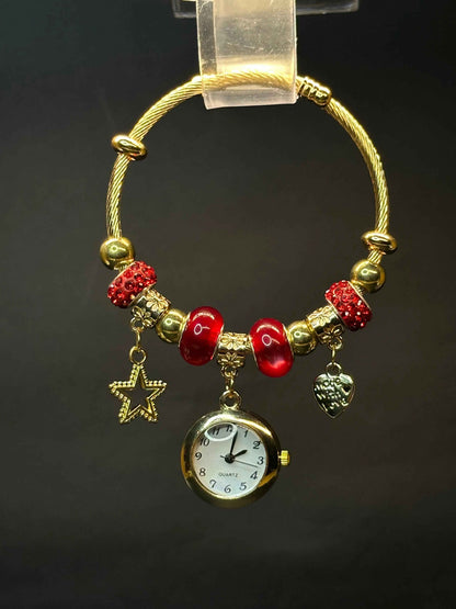 Golden Bangle Bracelet Watch with Star & Heart Charms